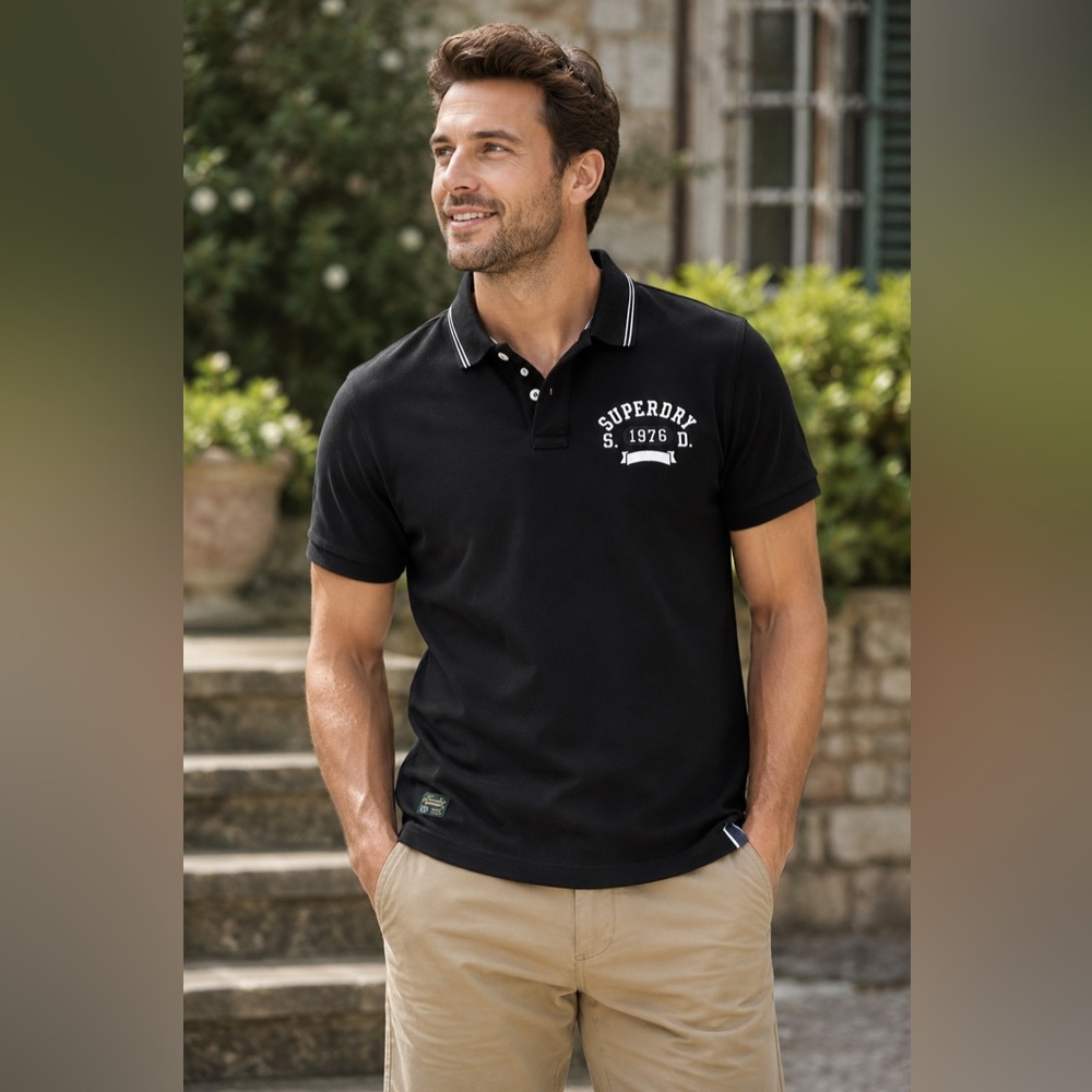 ✨$10 Clear Out ✨ Superdry Men’s Black Polo with White Chest Logo 100% Cotton